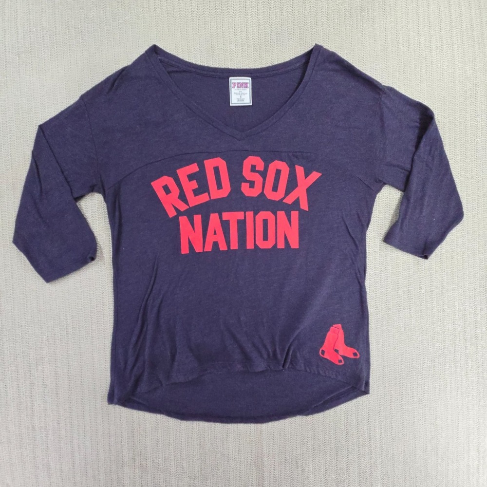 Victorias Secret PINK Boston Red Sox Shirt Womens Small Blue V-Neck MLB Baseball